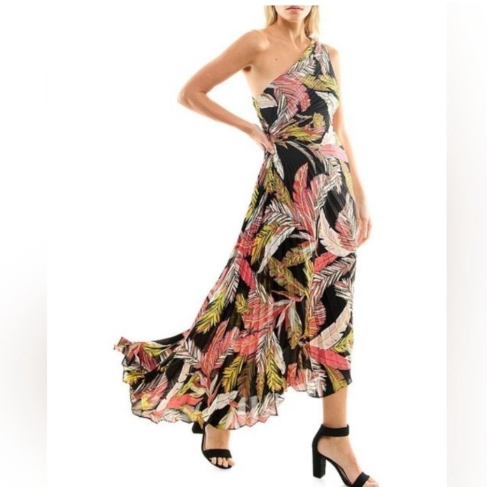 Nicole Miller Womens One Shoulder Tropical Palm Print Pleated Maxi Dress Size 14
